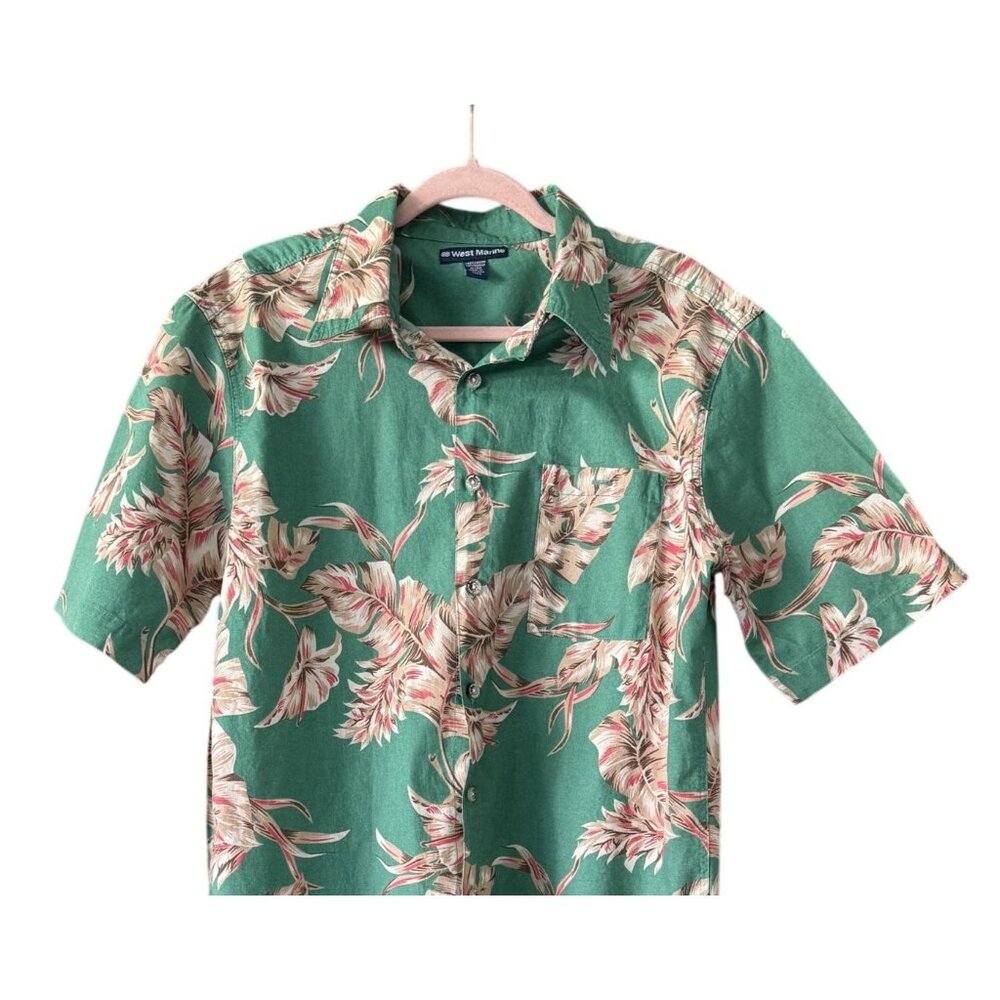 West Marine Mens Green Hawaiian Button-Up Shirt L Cotton Tropical Short Sleeve - Picture 2 of 7